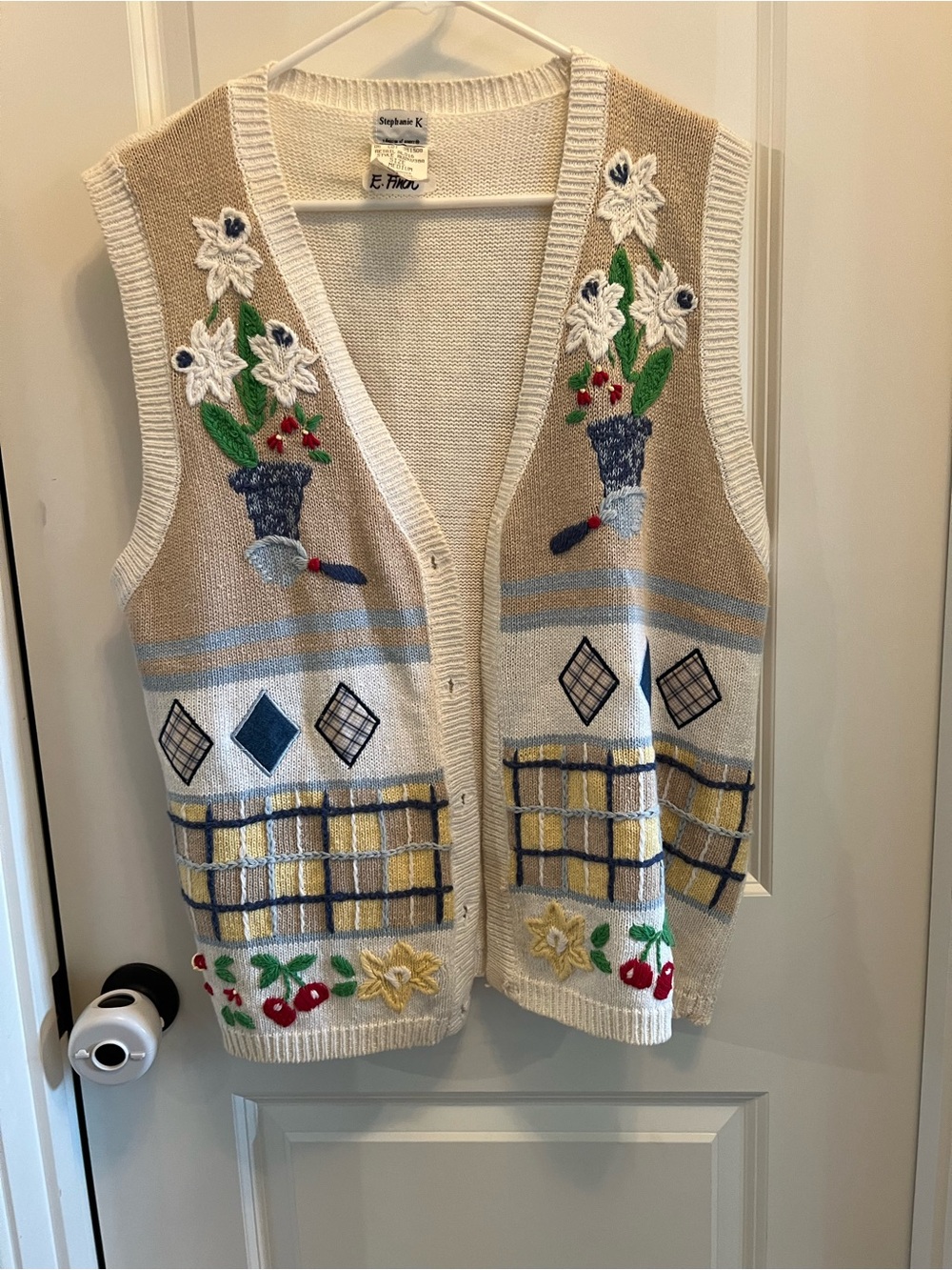 VTG 90s embroidered patchwork knit vest cottage core oversized M
